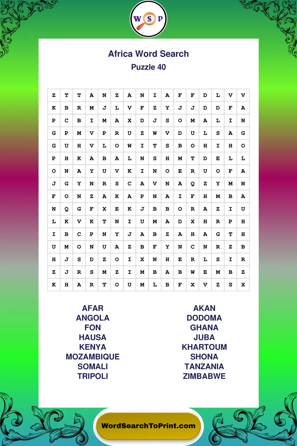 Africa Word Search Puzzle 40