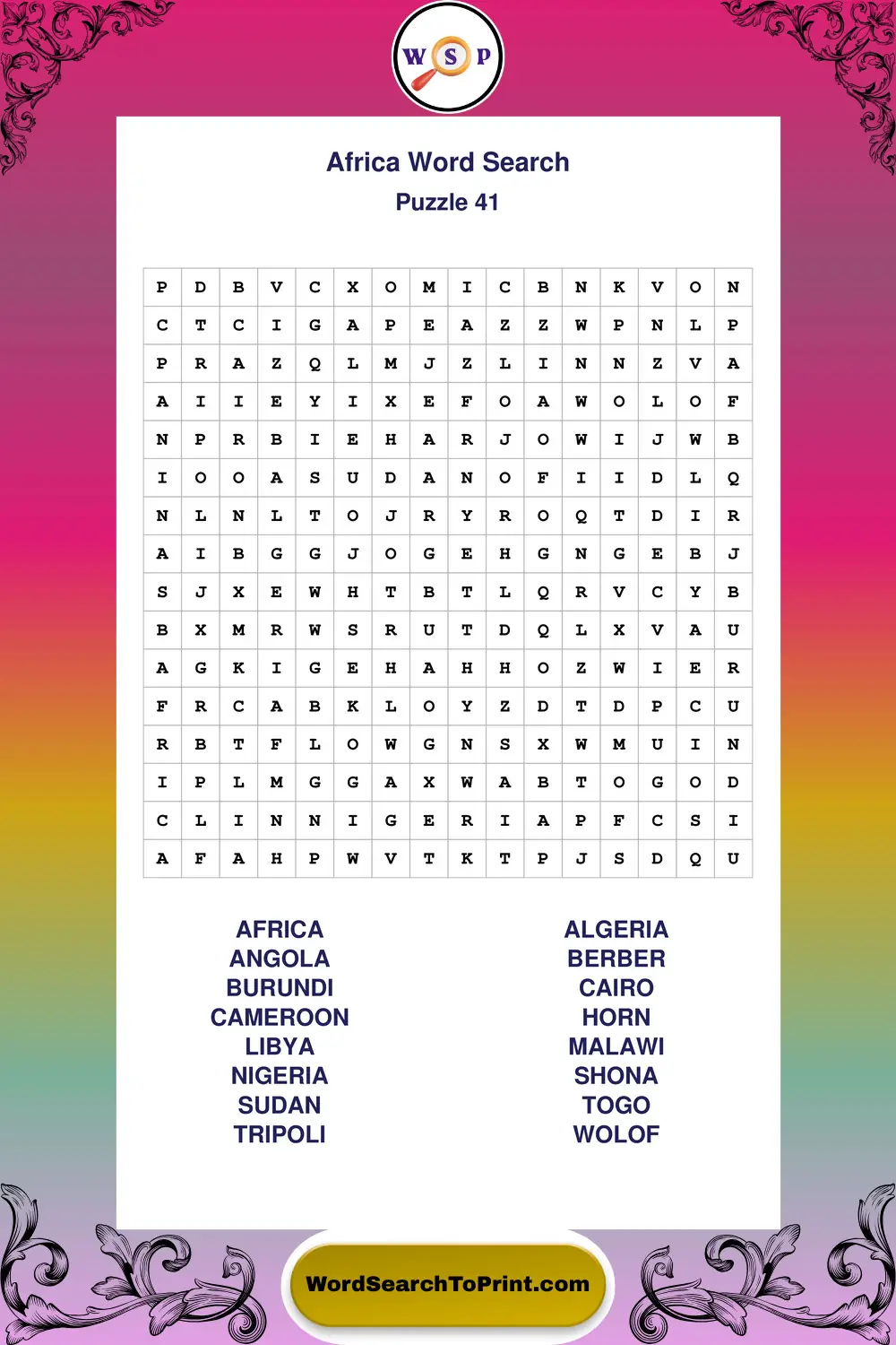 Africa Word Search Puzzle 41