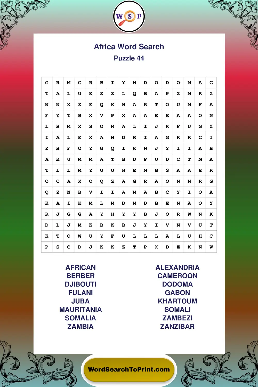 Africa Word Search Puzzle 44