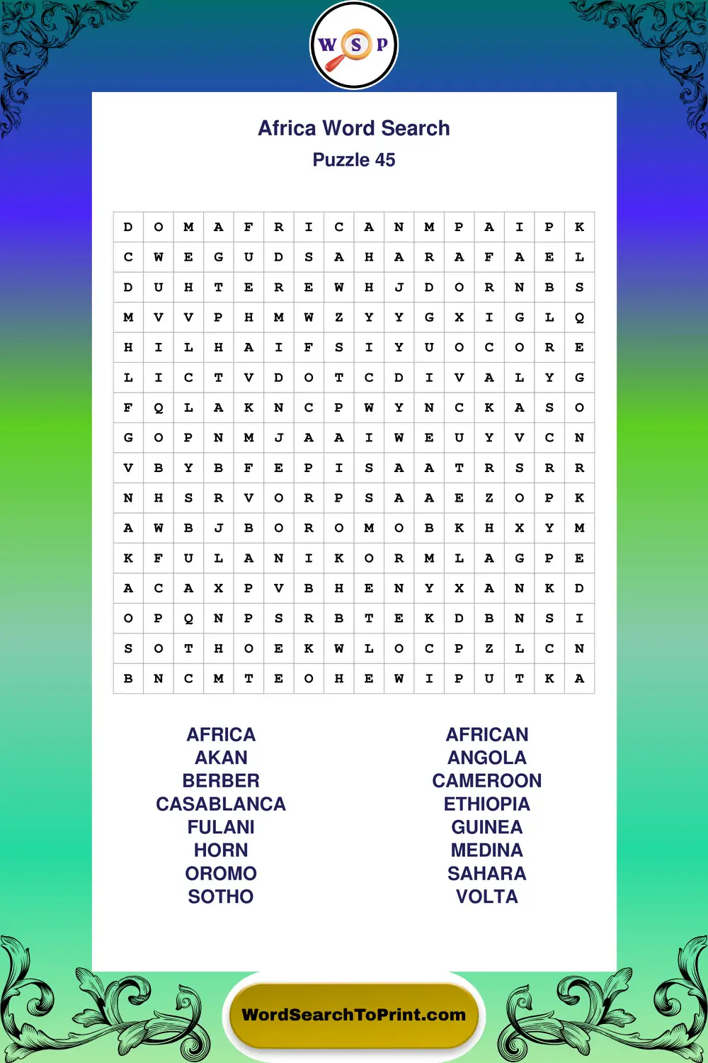 Africa Word Search Puzzle 45