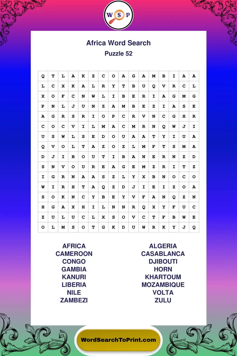 Africa Word Search Puzzle 52