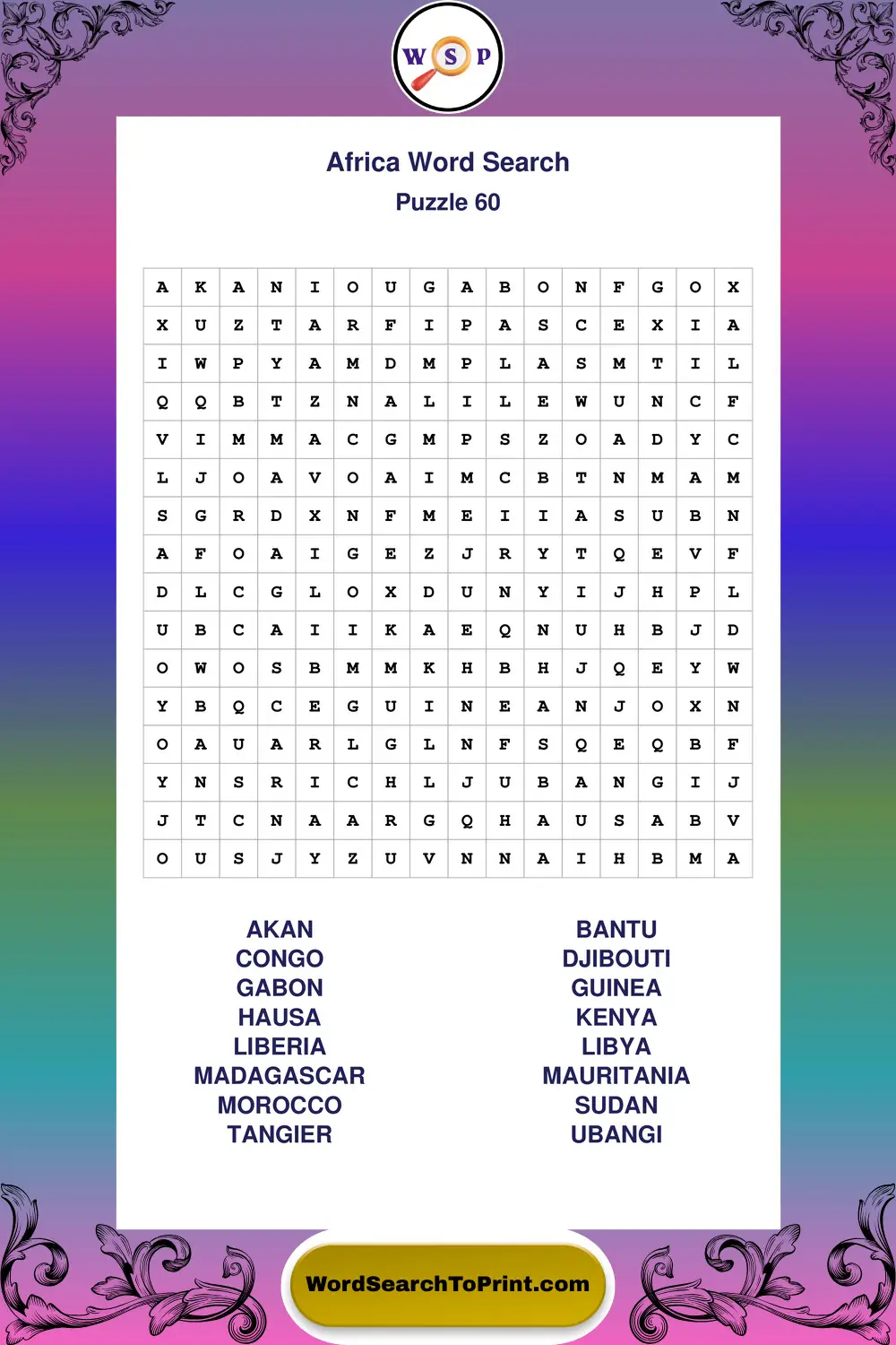 Africa Word Search Puzzle 60