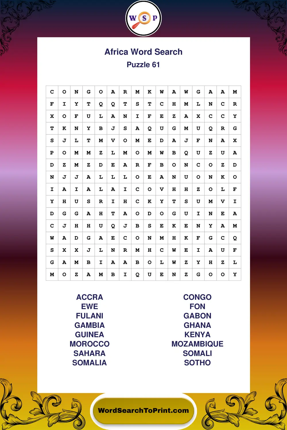 Africa Word Search Puzzle 61