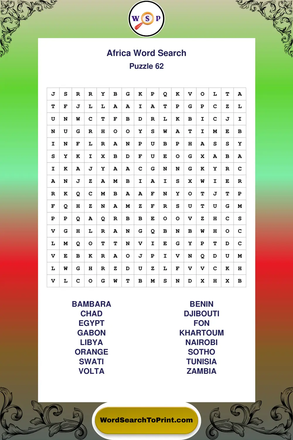 Africa Word Search Puzzle 62