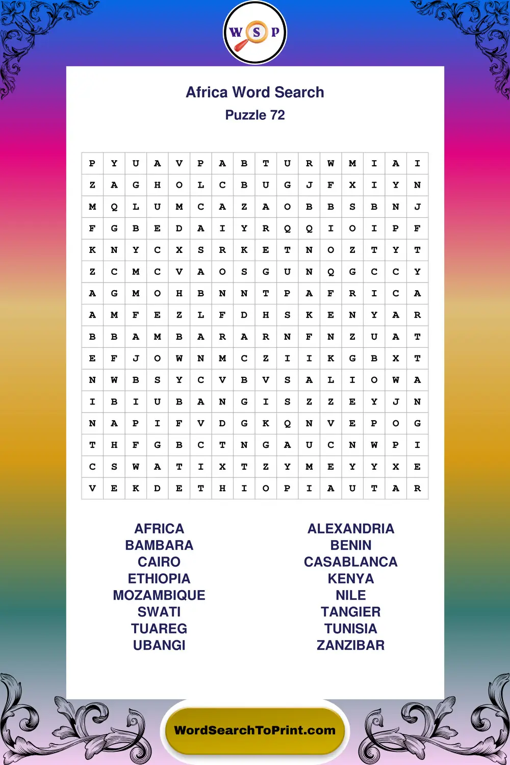 Africa Word Search Puzzle 72