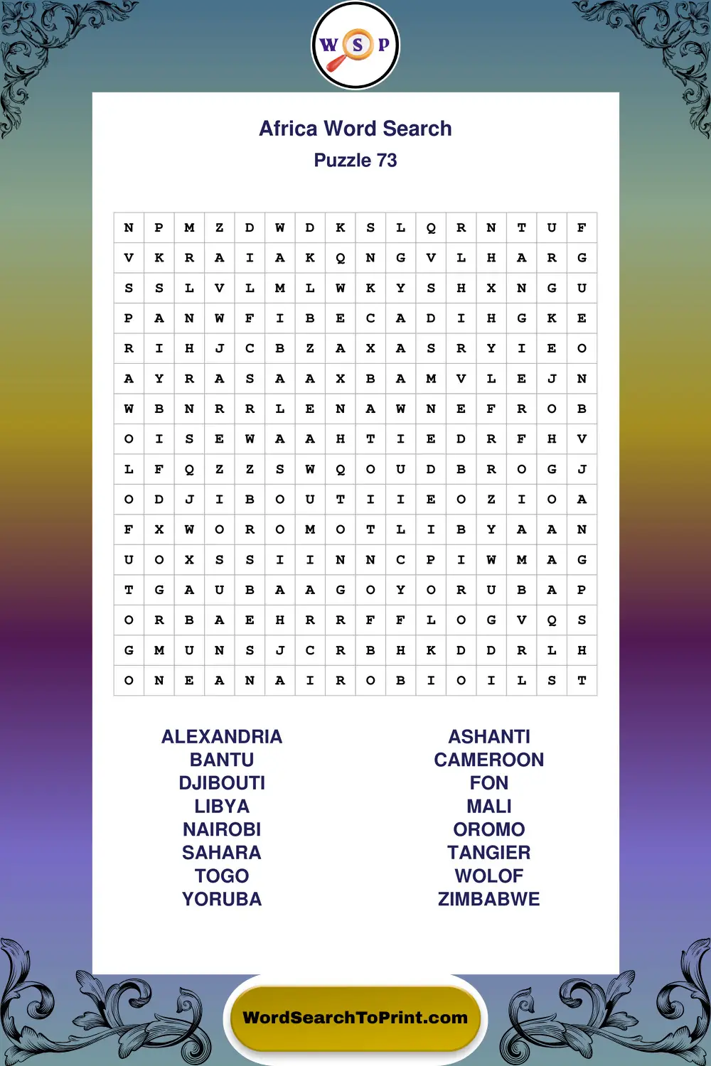 Africa Word Search Puzzle 73
