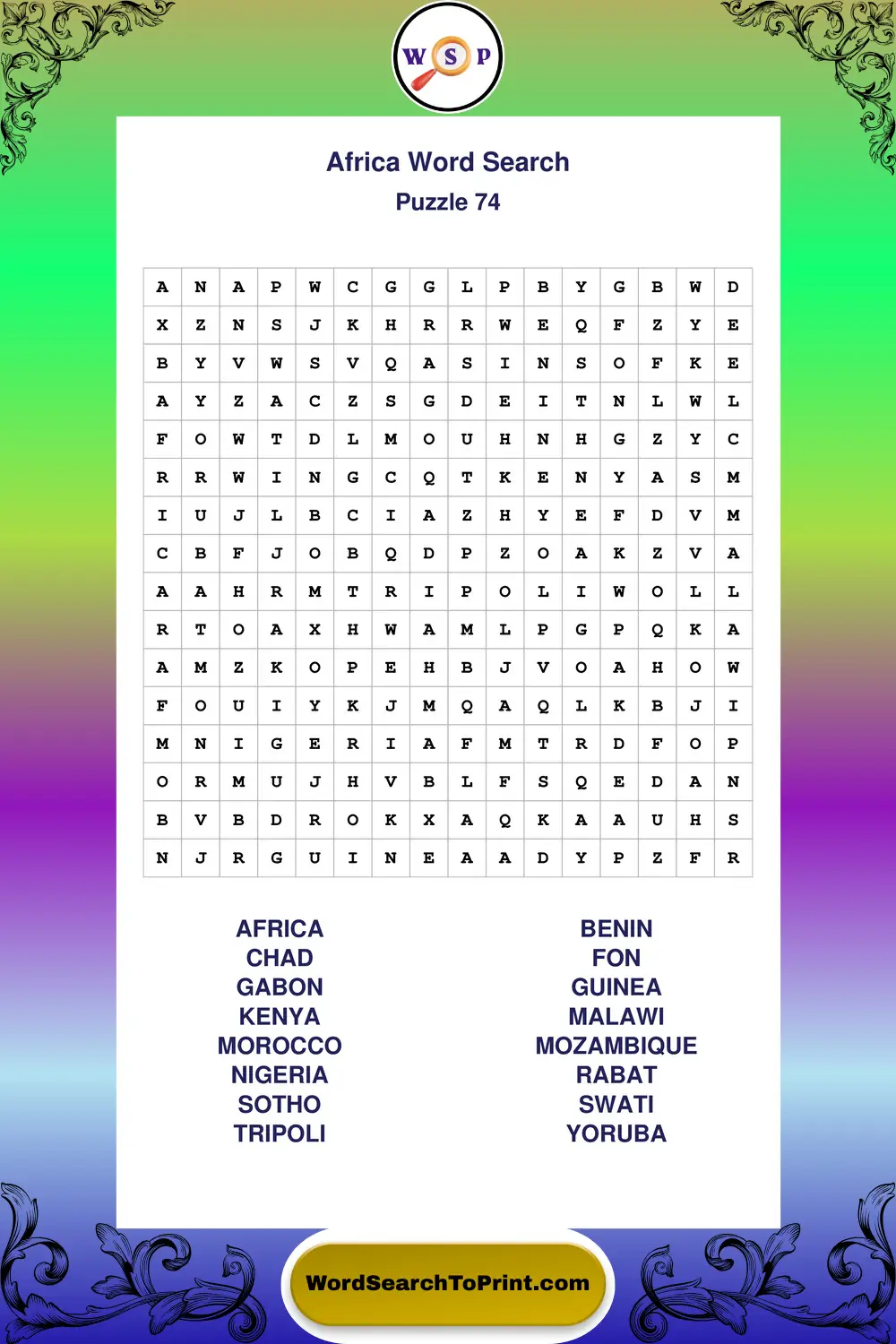 Africa Word Search Puzzle 74