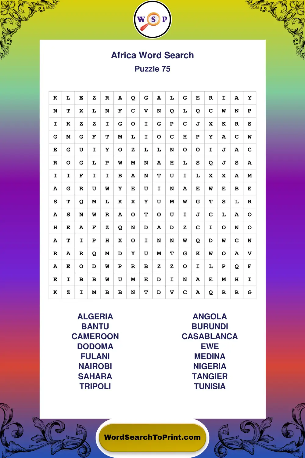 Africa Word Search Puzzle 75