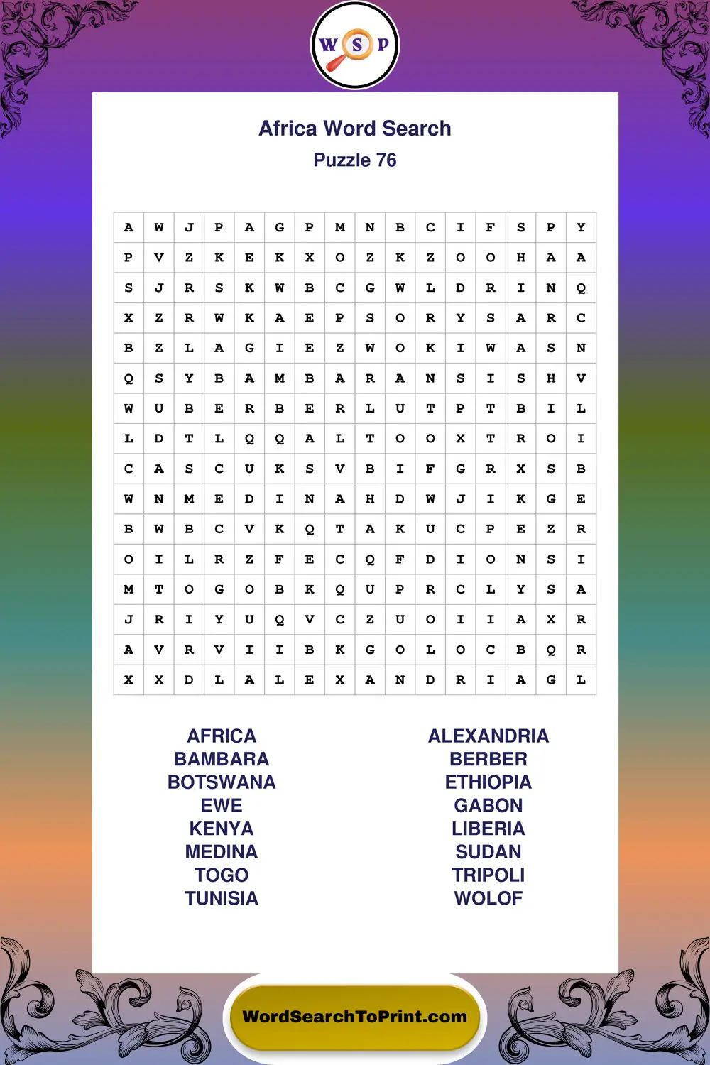 Africa Word Search Puzzle 76