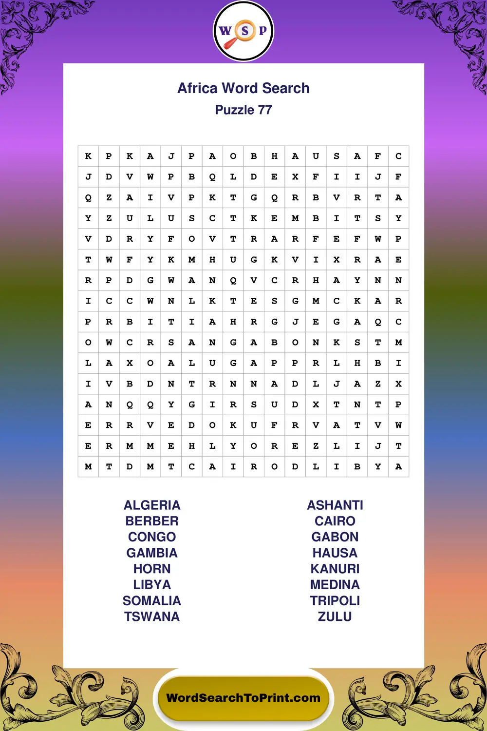 Africa Word Search Puzzle 77