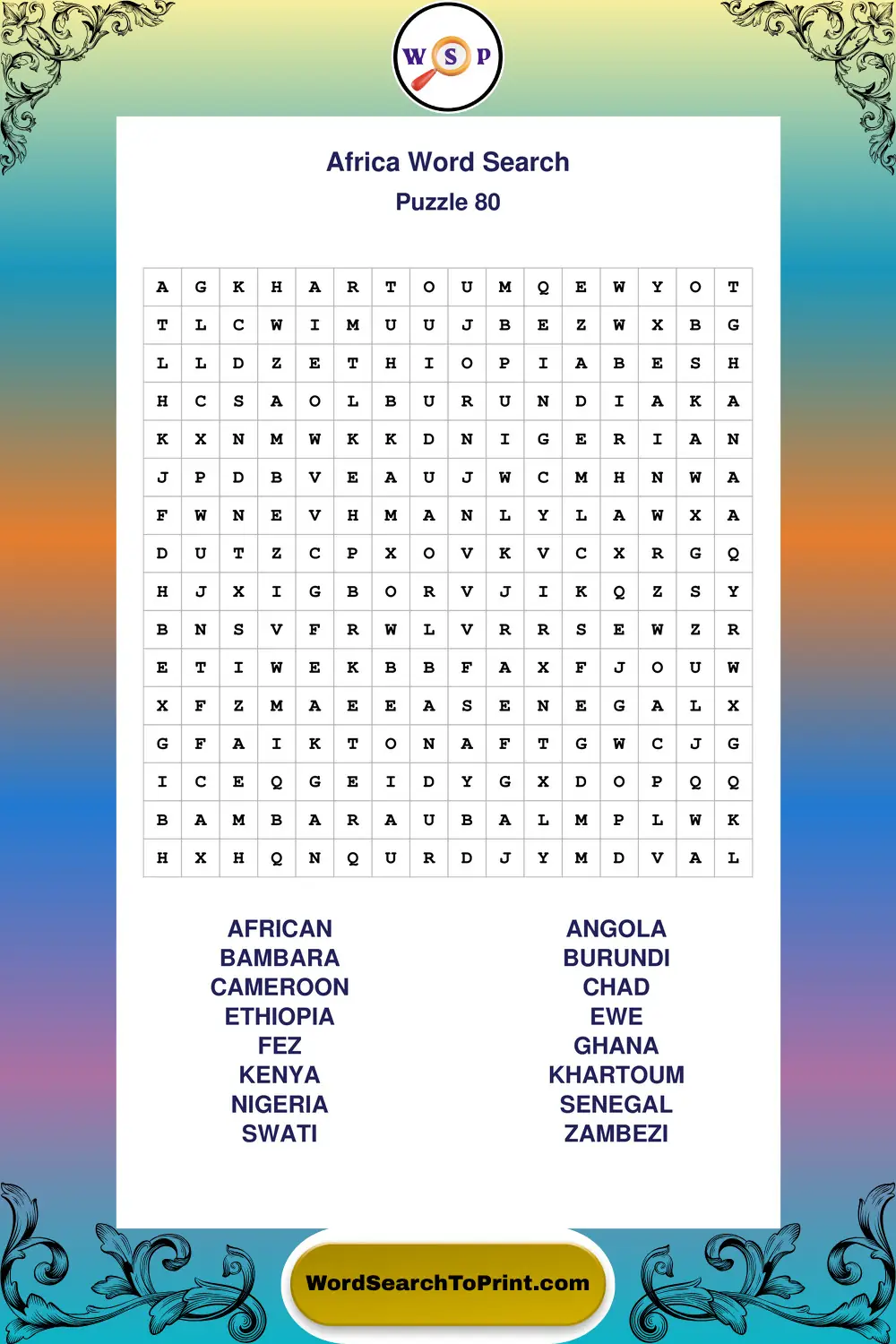 Africa Word Search Puzzle 80
