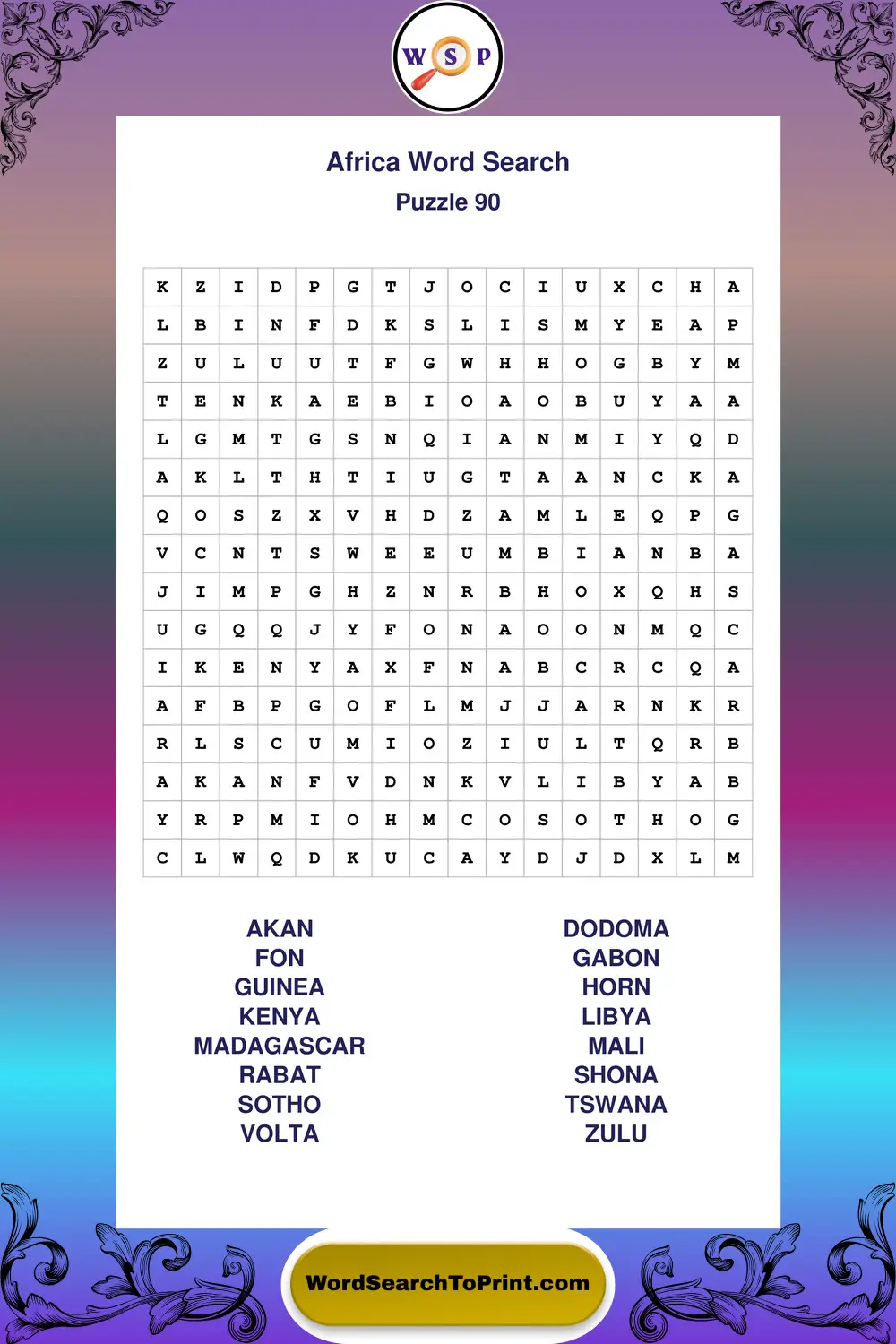 Africa Word Search Puzzle 90