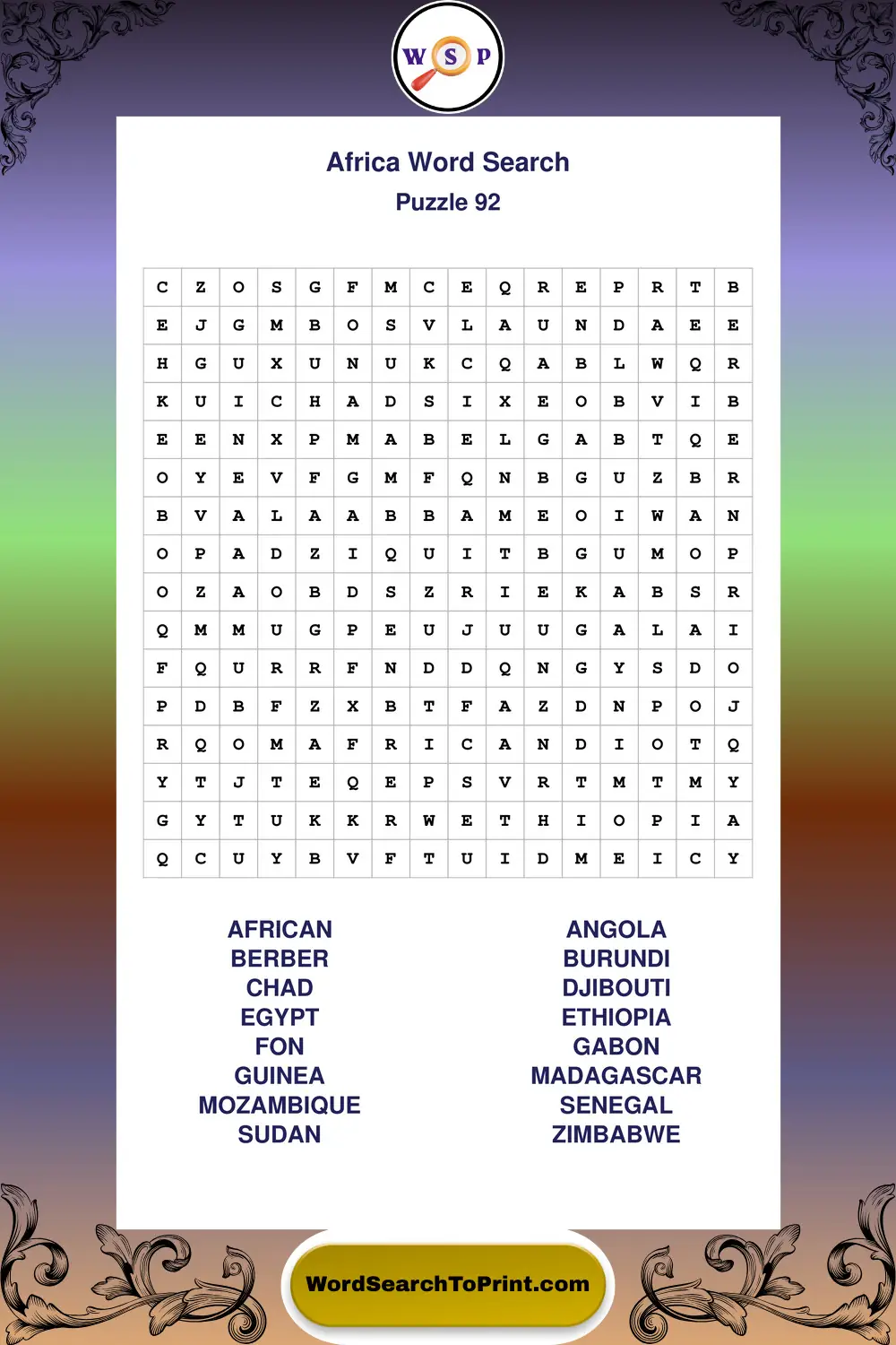 Africa Word Search Puzzle 92
