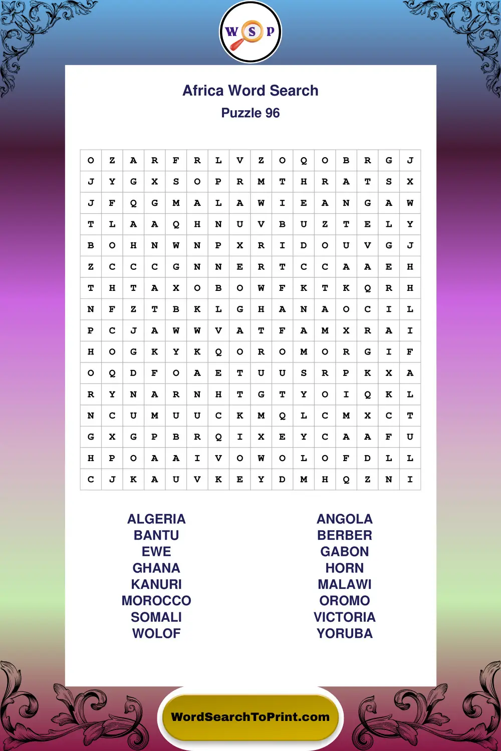 Africa Word Search Puzzle 96