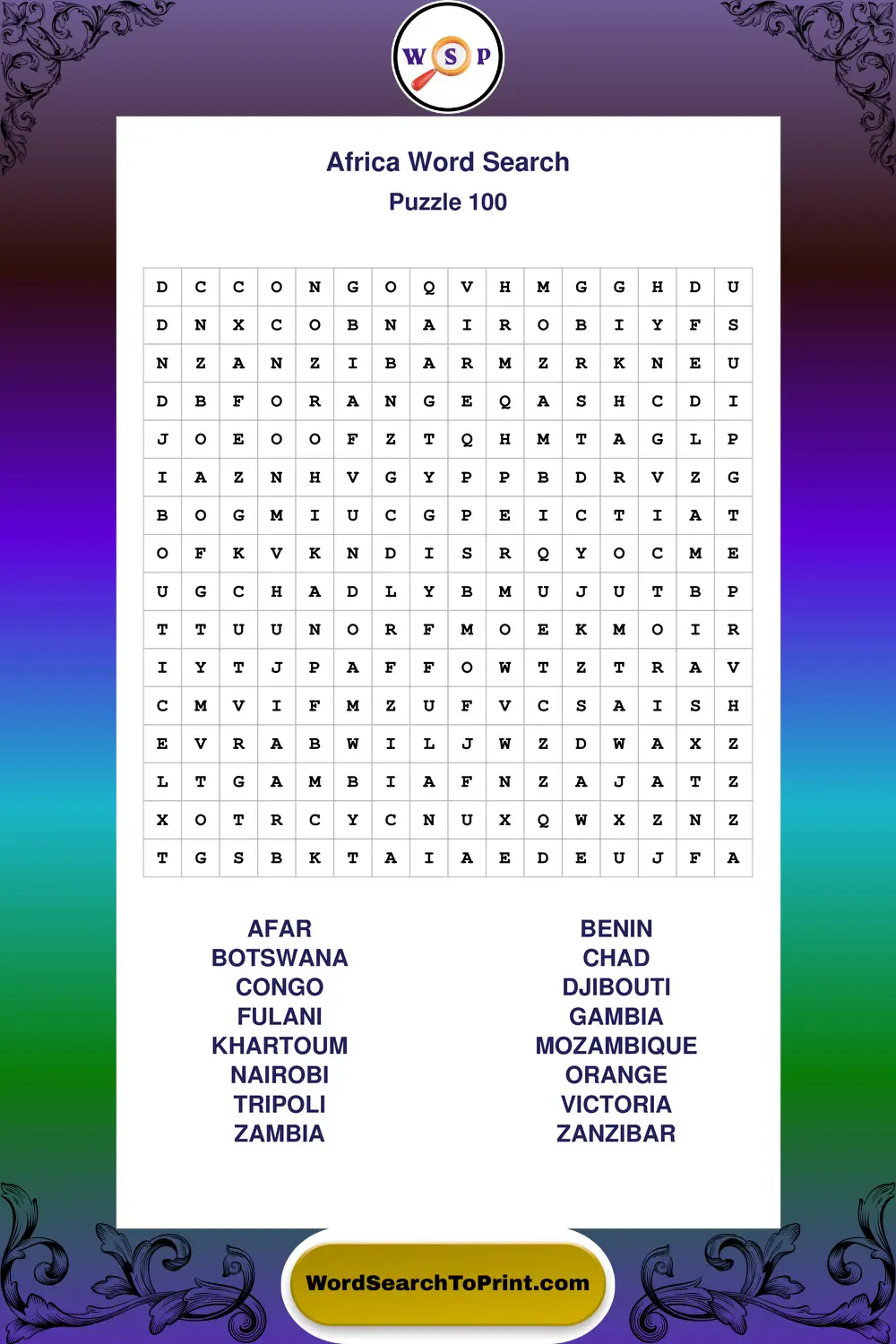 Africa Word Search Puzzle 100