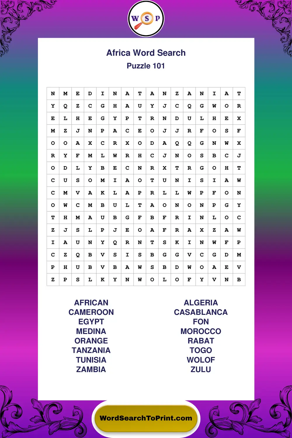 Africa Word Search Puzzle 101