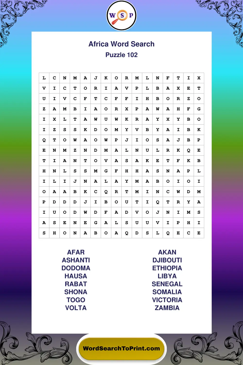 Africa Word Search Puzzle 102