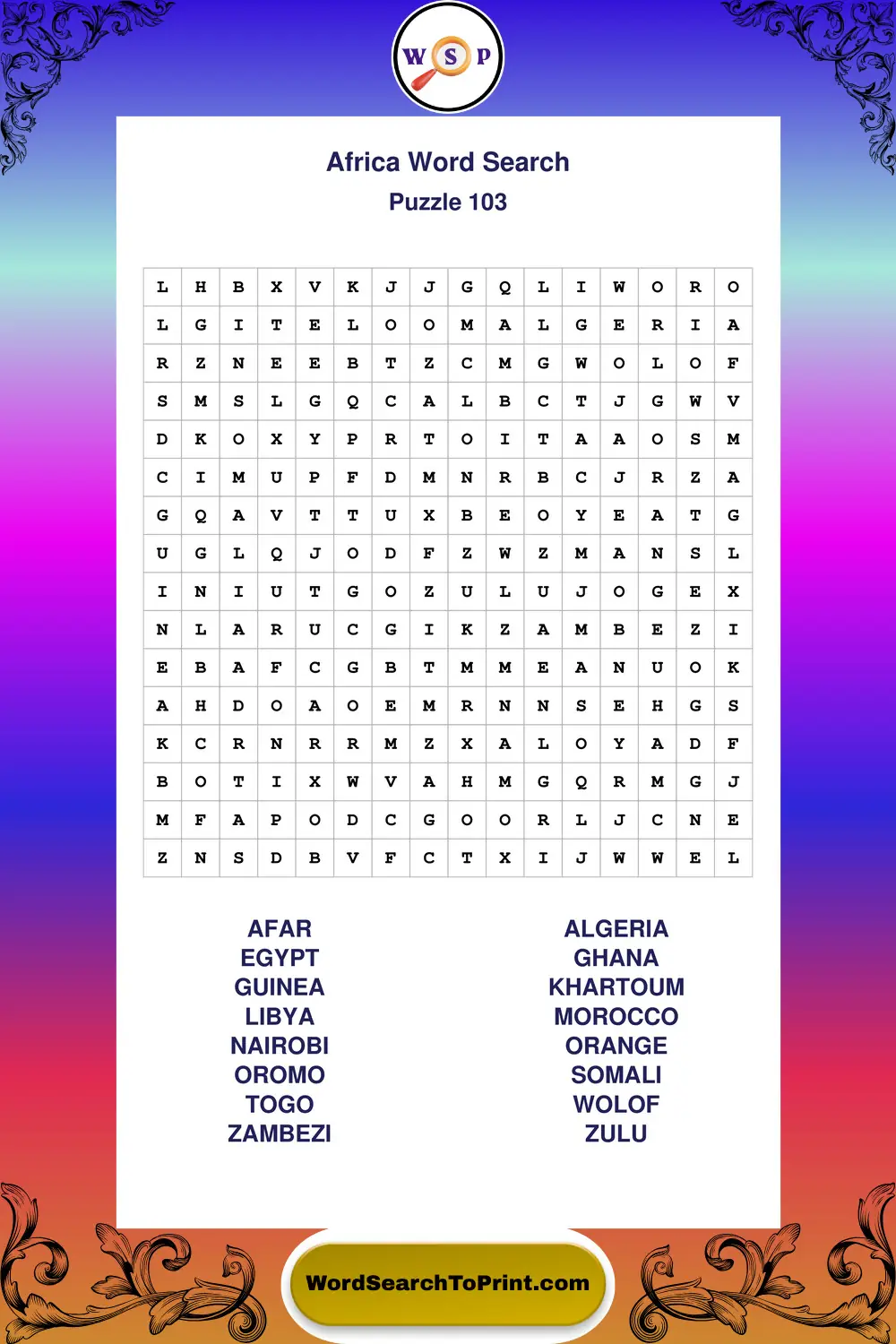 Africa Word Search Puzzle 103