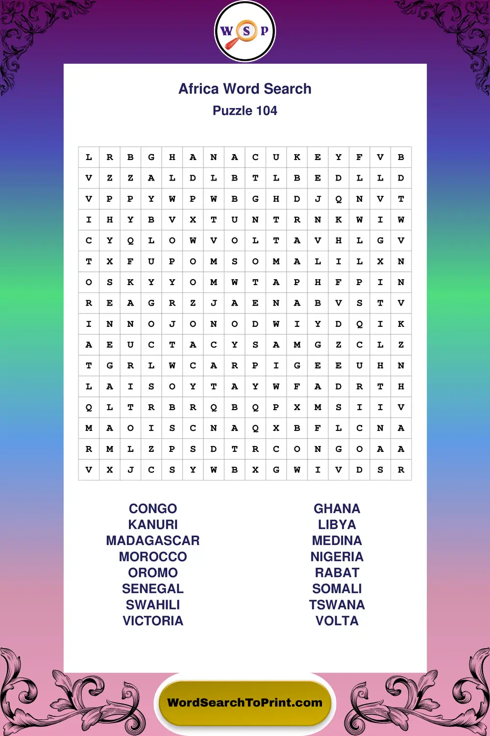 Africa Word Search Puzzle 104