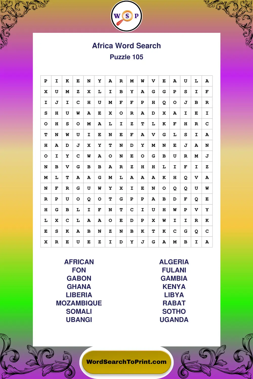 Africa Word Search Puzzle 105