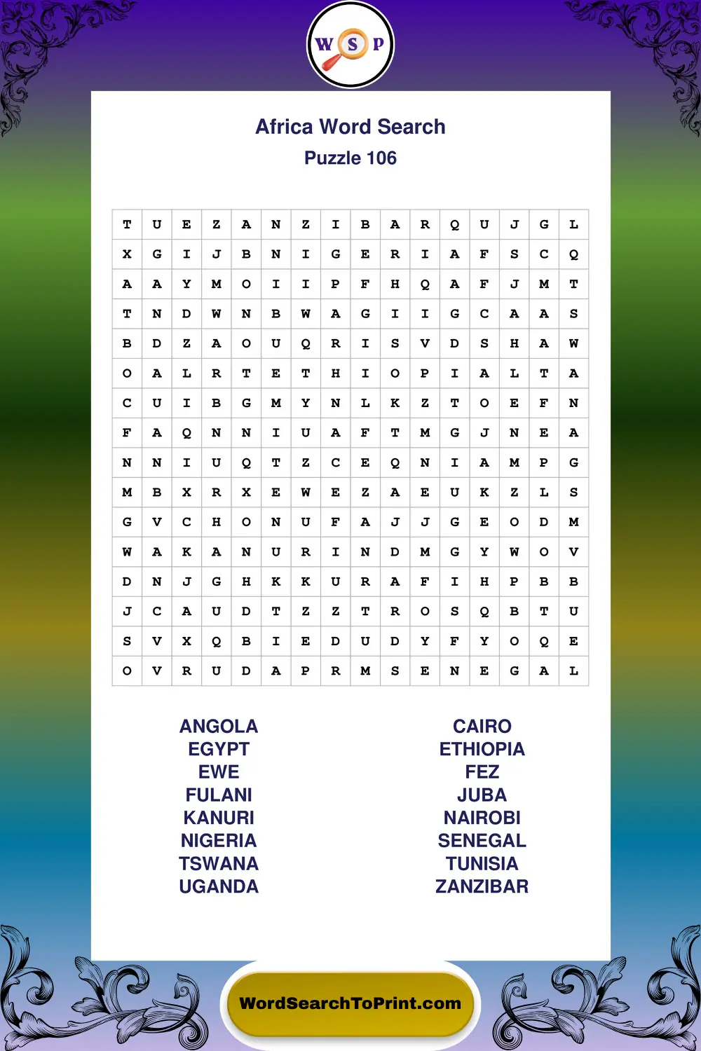 Africa Word Search Puzzle 106
