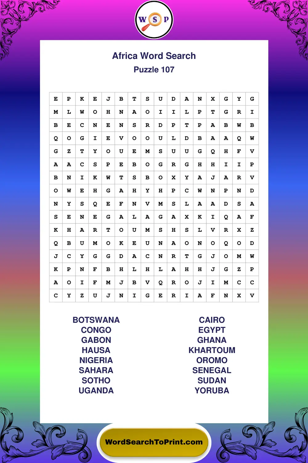 Africa Word Search Puzzle 107