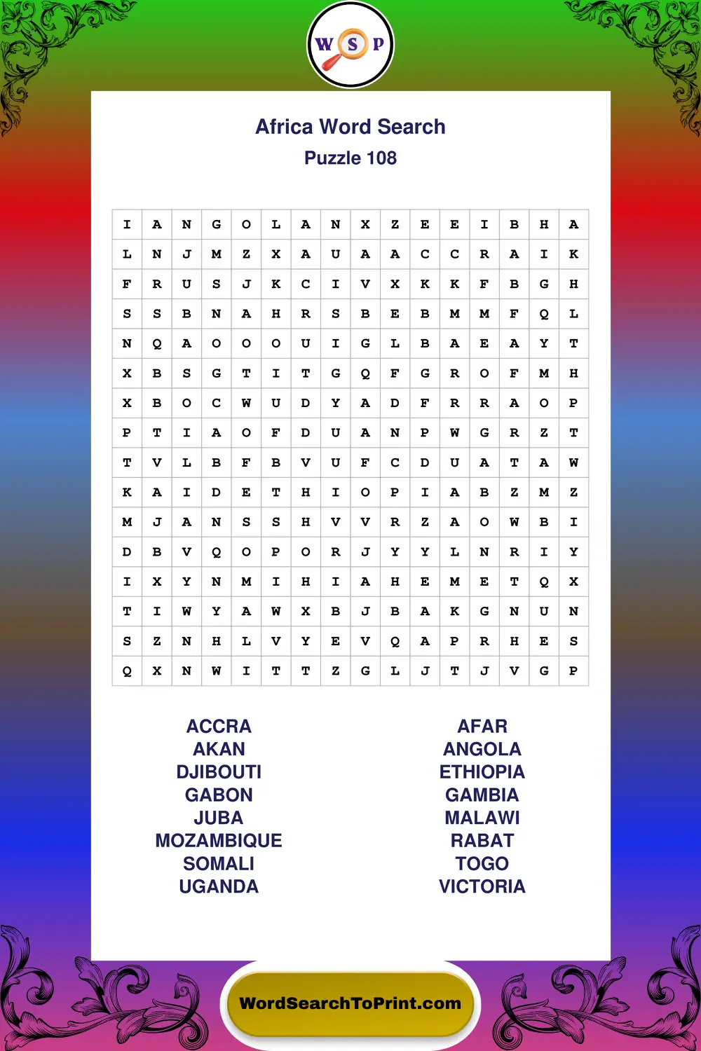 Africa Word Search Puzzle 108