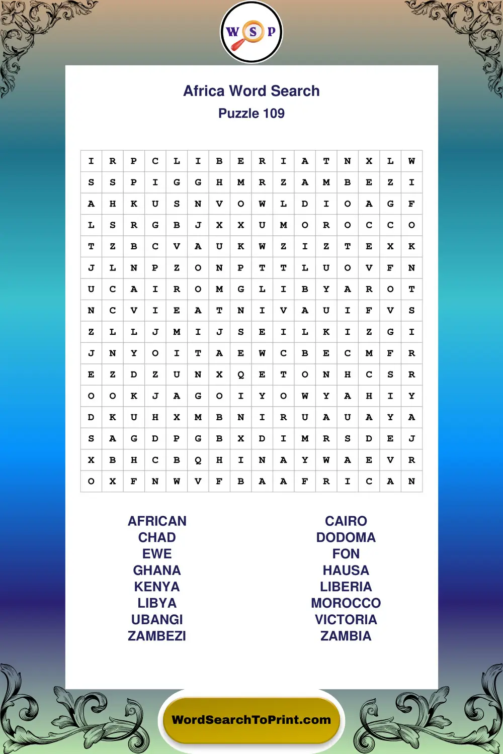 Africa Word Search Puzzle 109
