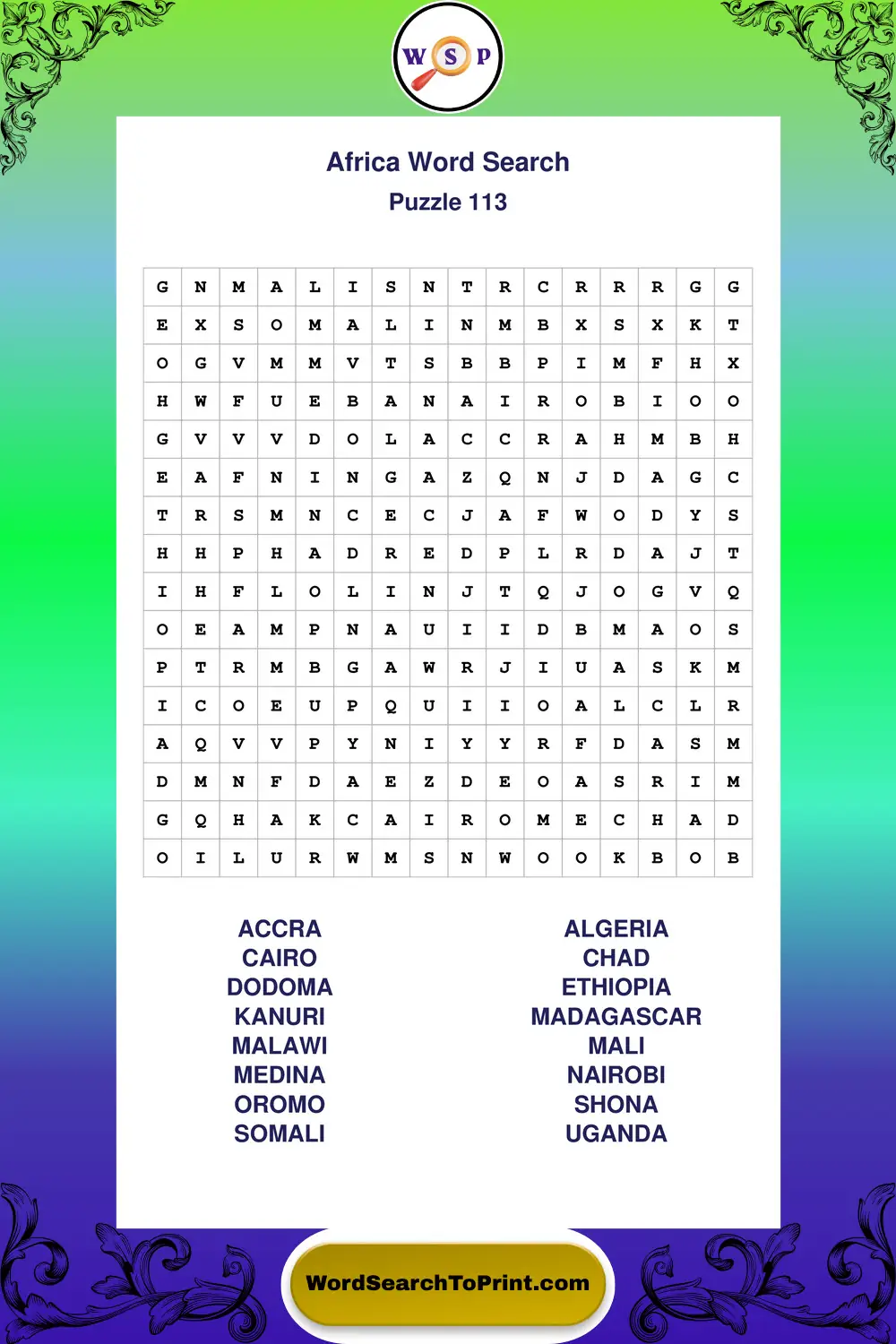 Africa Word Search Puzzle 113
