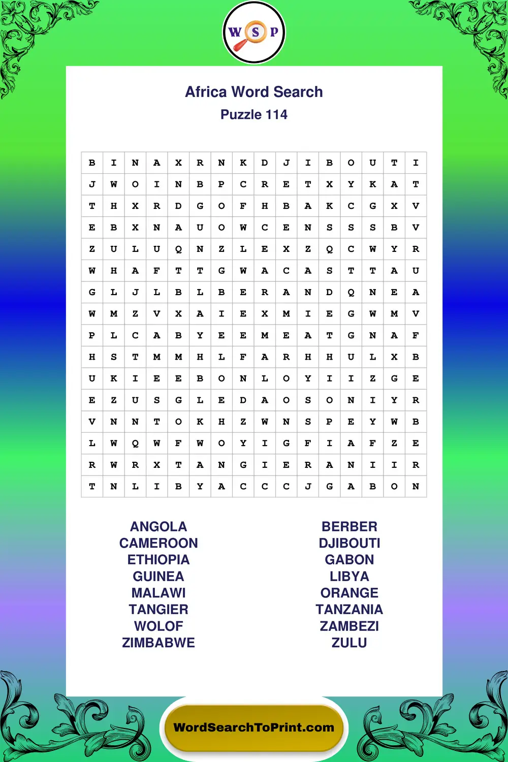Africa Word Search Puzzle 114