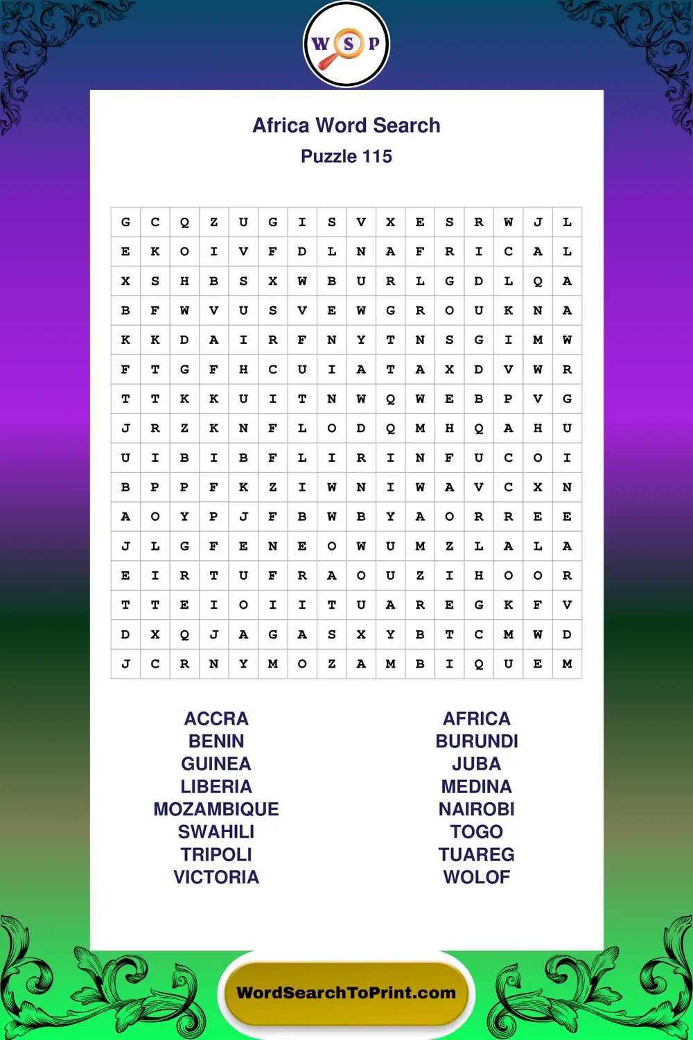 Africa Word Search Puzzle 115