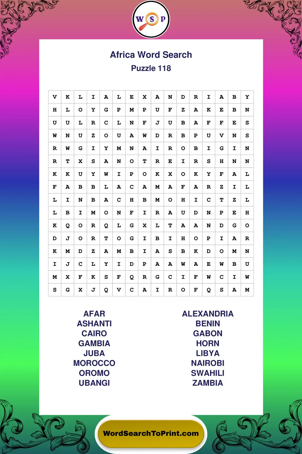 Africa Word Search Puzzle 118