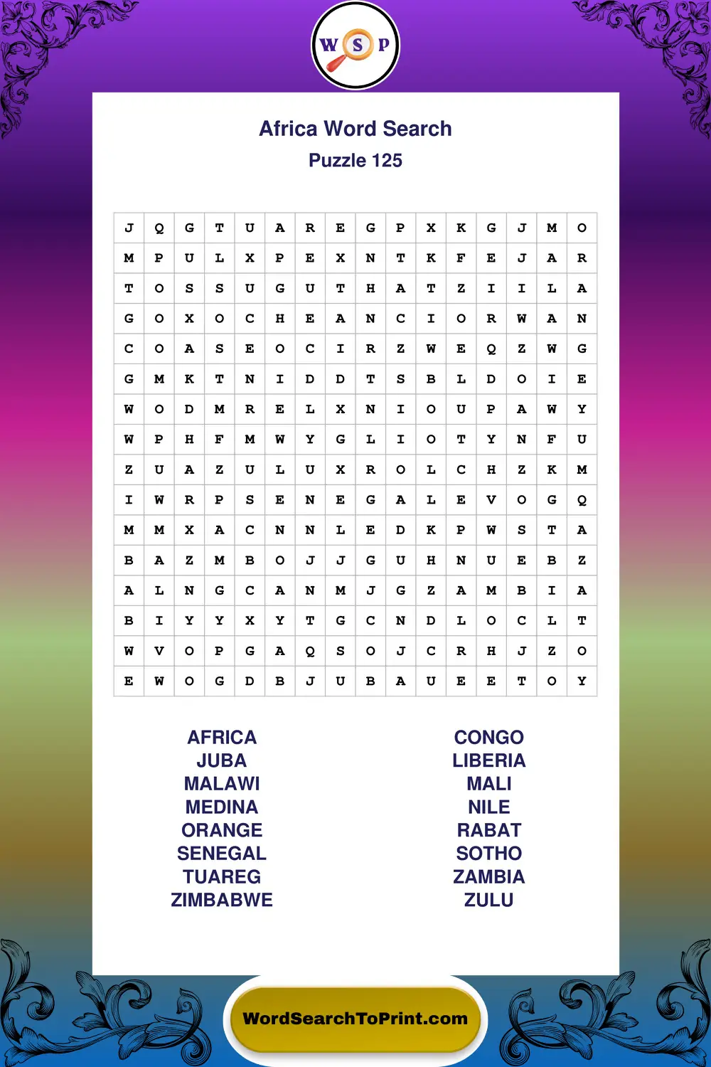 Africa Word Search Puzzle 125