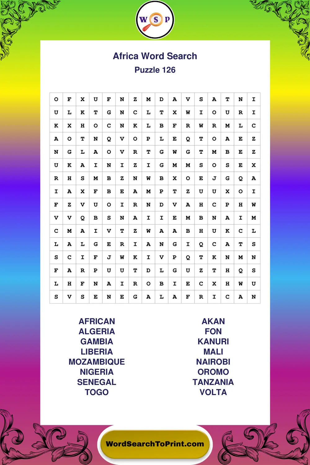 Africa Word Search Puzzle 126