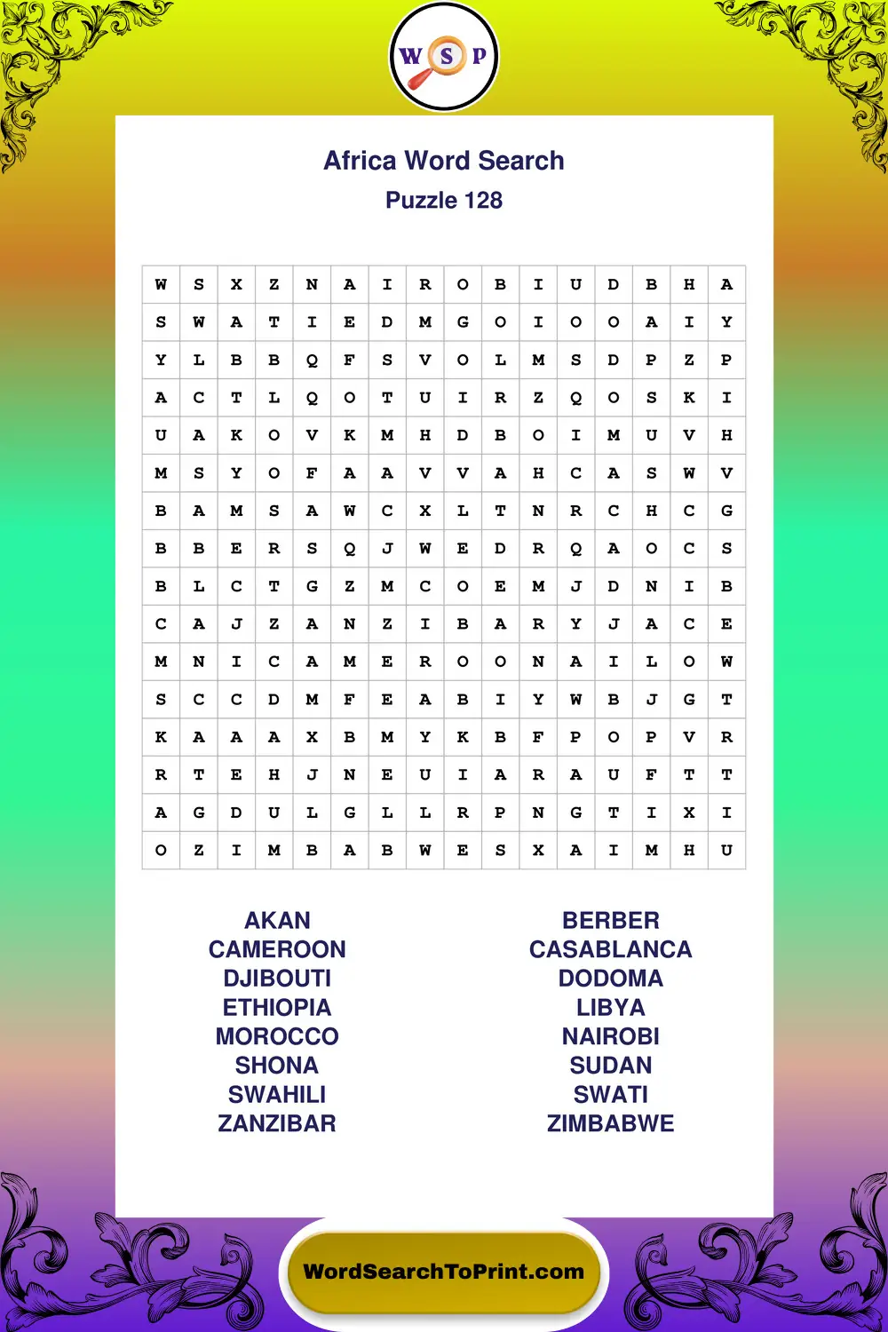 Africa Word Search Puzzle 128