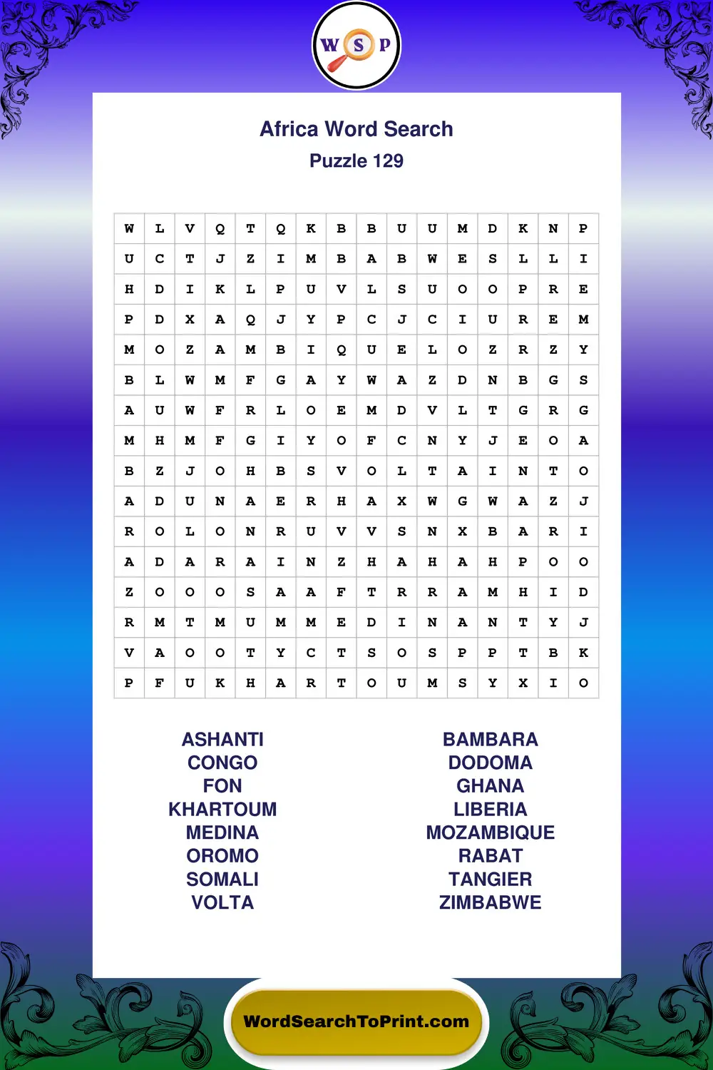 Africa Word Search Puzzle 129