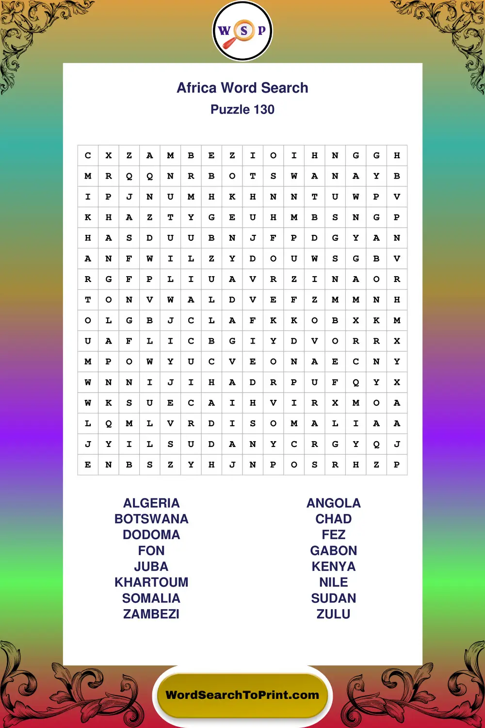 Africa Word Search Puzzle 130