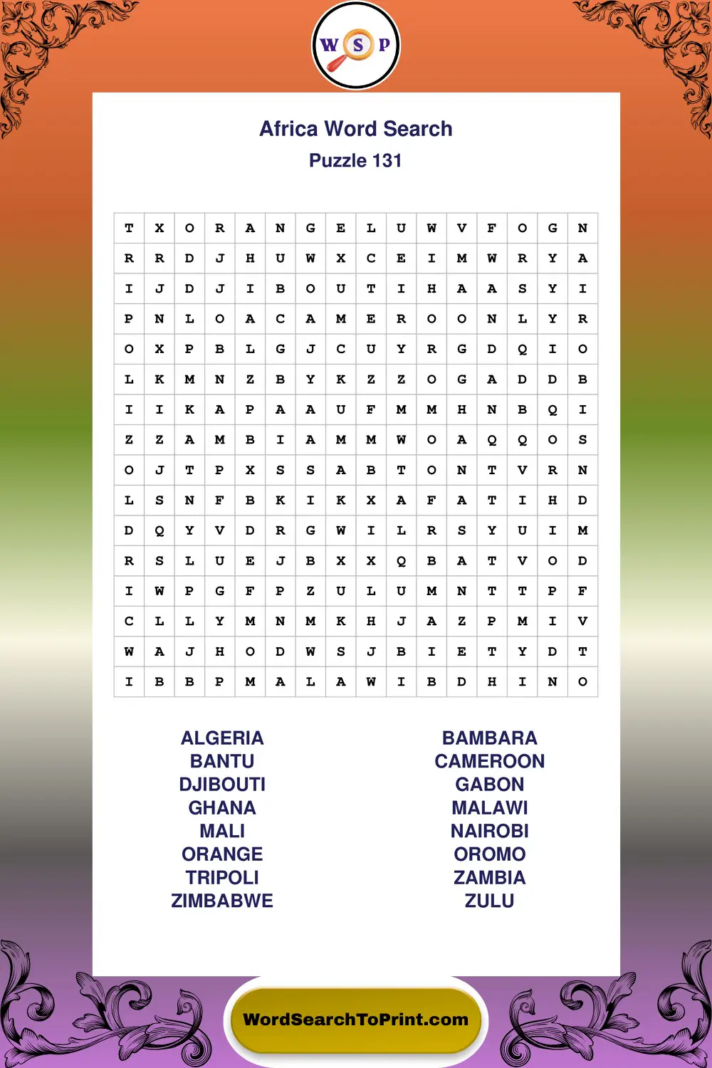 Africa Word Search Puzzle 131