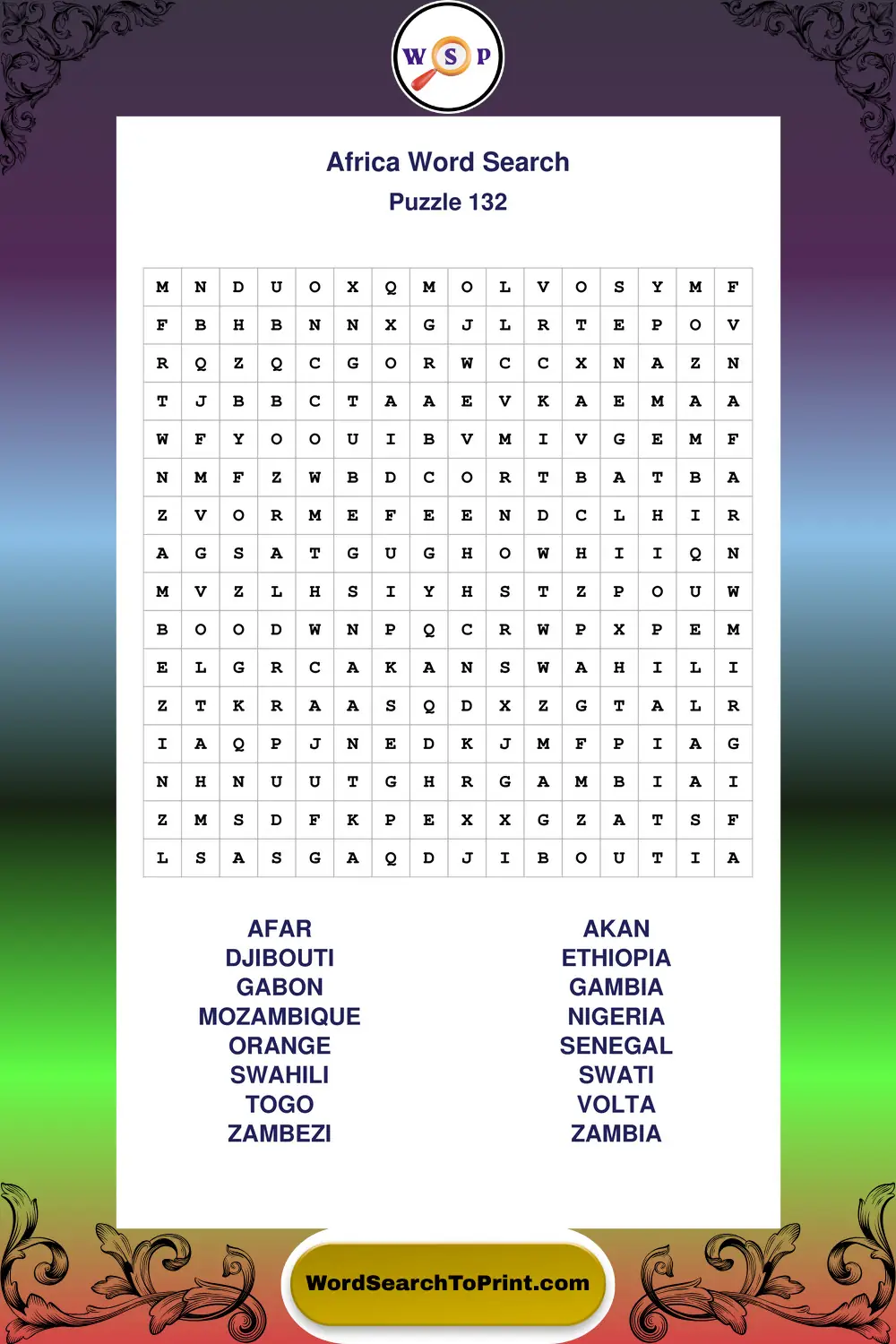 Africa Word Search Puzzle 132