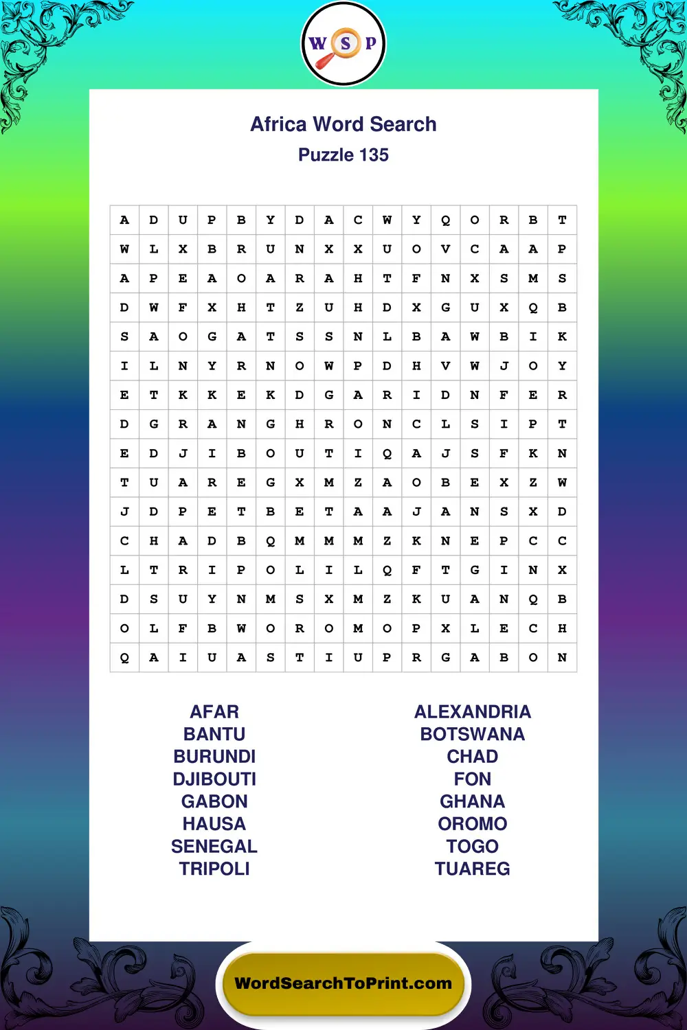 Africa Word Search Puzzle 135