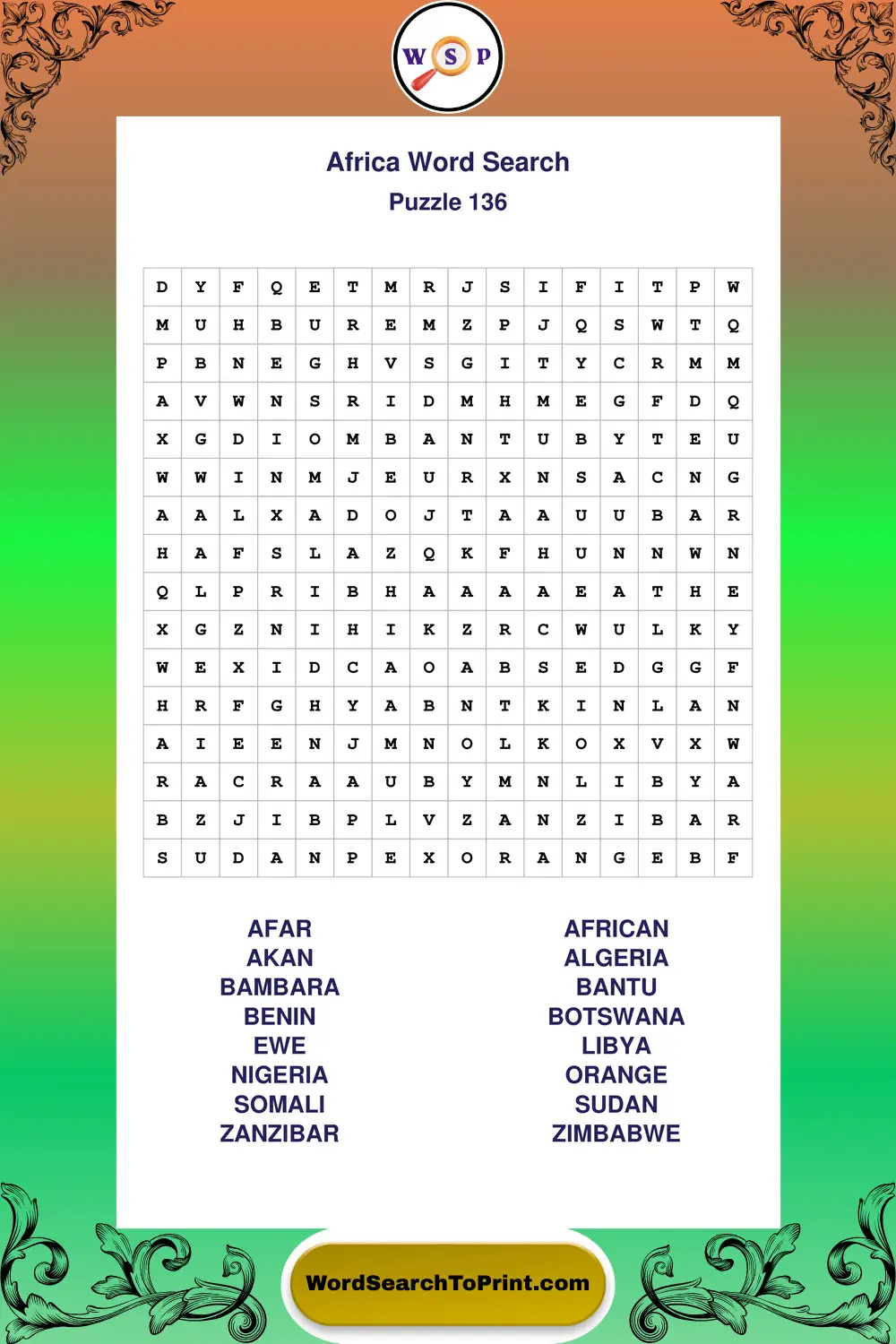 Africa Word Search Puzzle 136