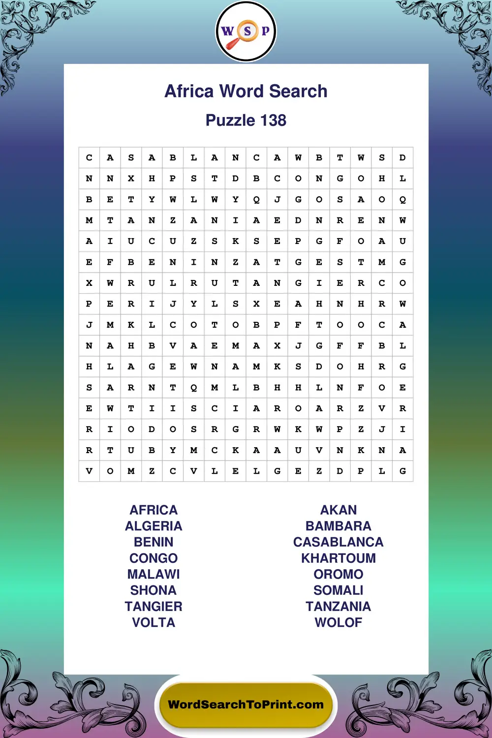 Africa Word Search Puzzle 138