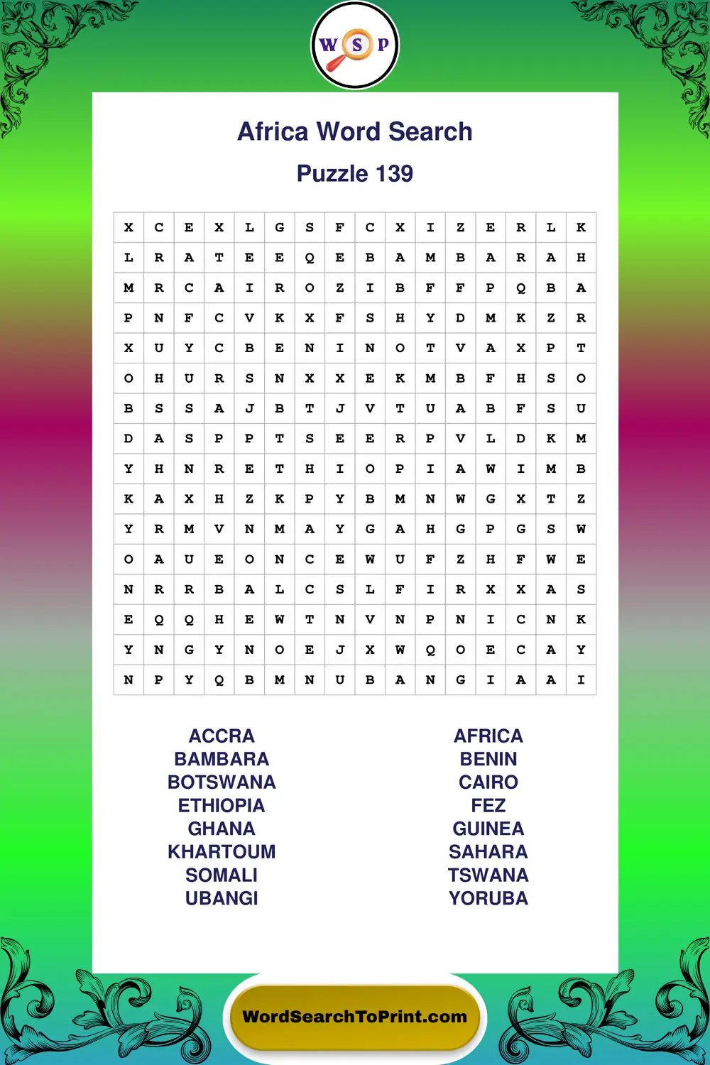 Africa Word Search Puzzle 139