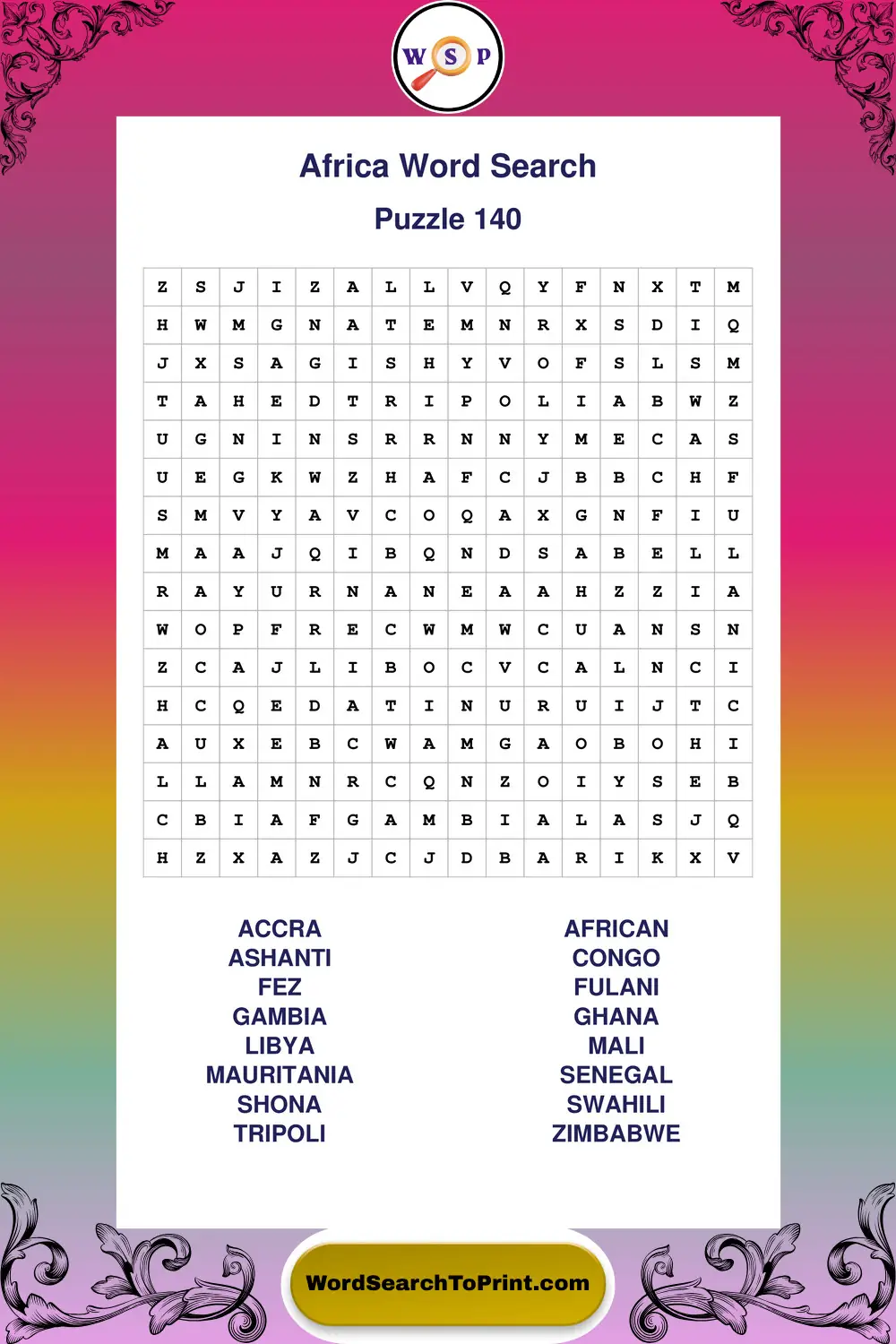 Africa Word Search Puzzle 140