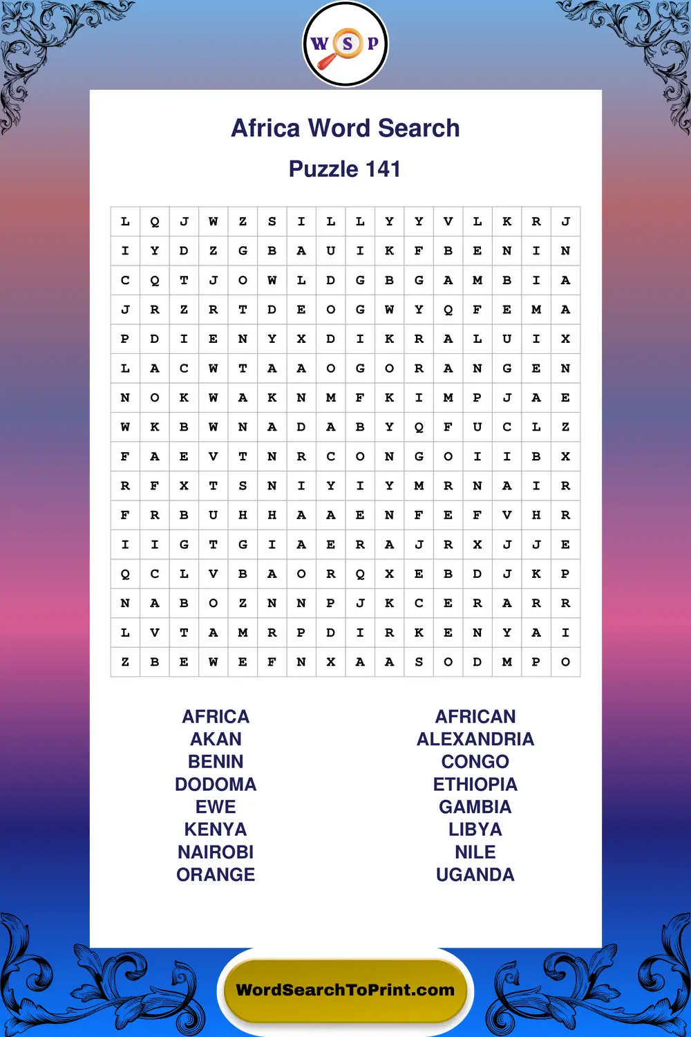 Africa Word Search Puzzle 141