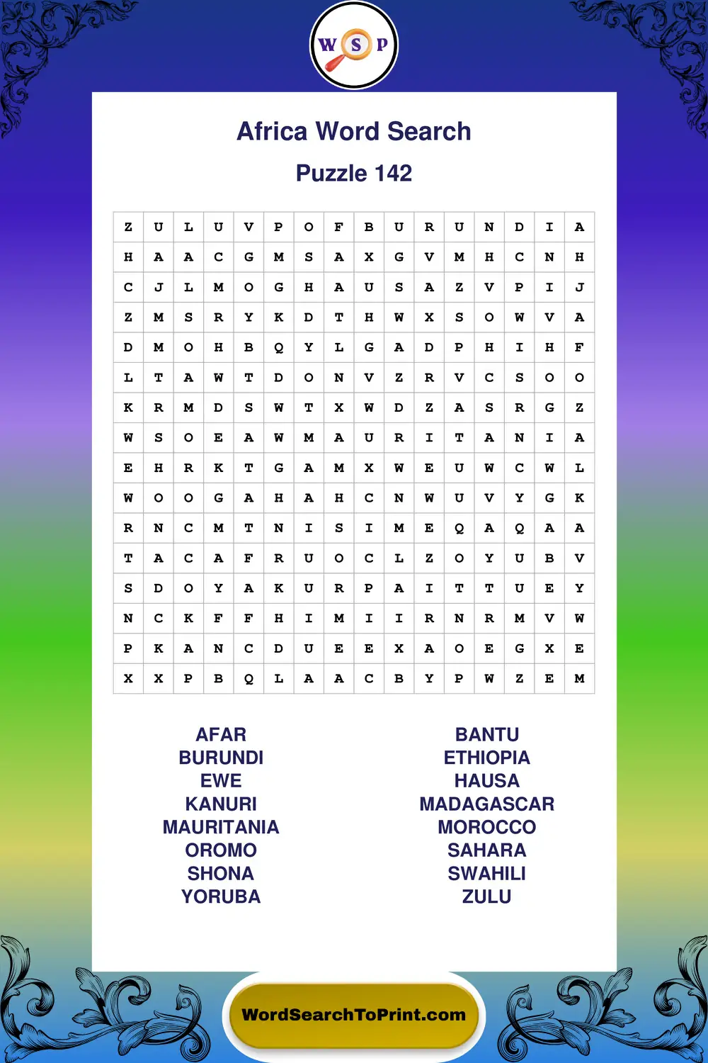 Africa Word Search Puzzle 142