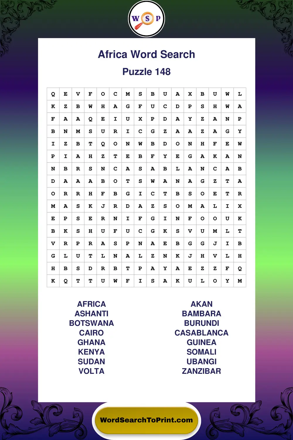 Africa Word Search Puzzle 148