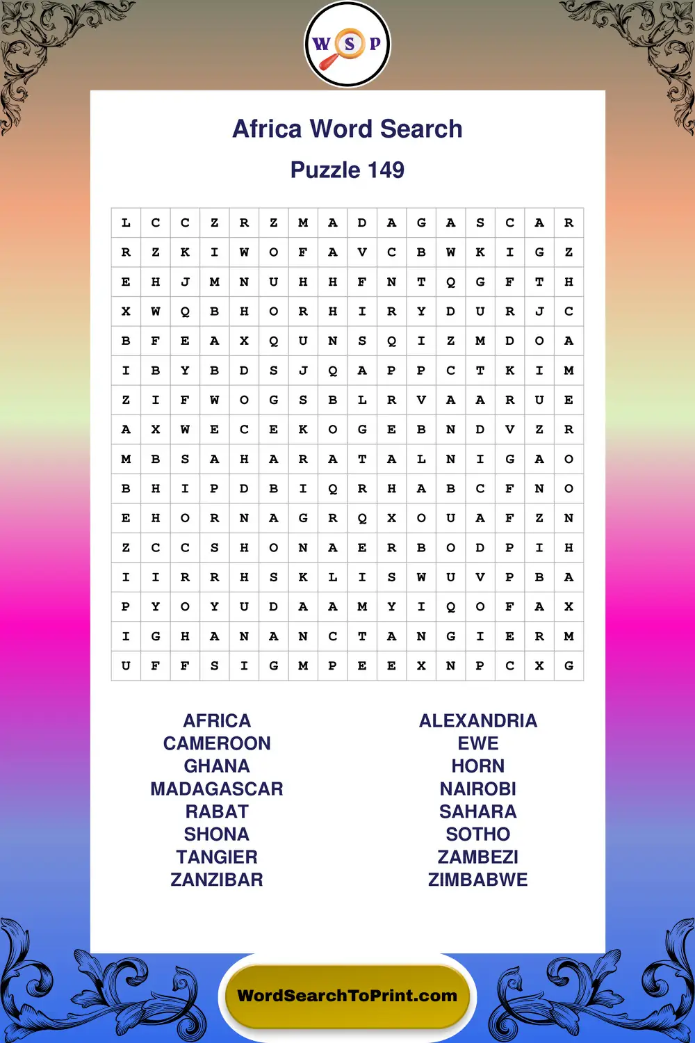 Africa Word Search Puzzle 149