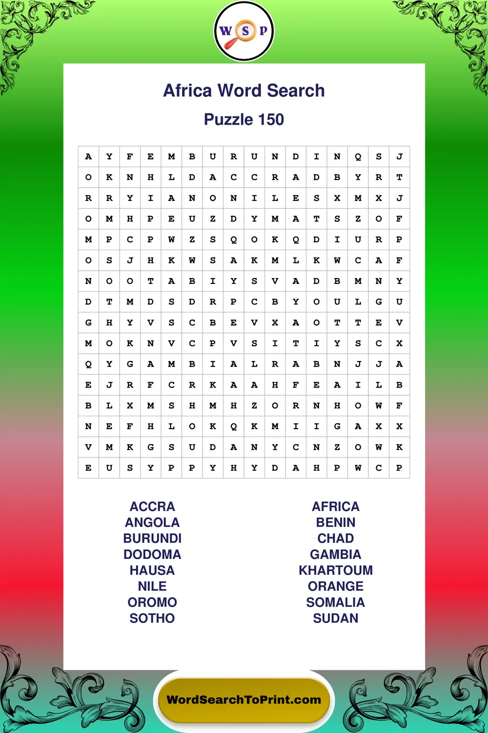 Africa Word Search Puzzle 150