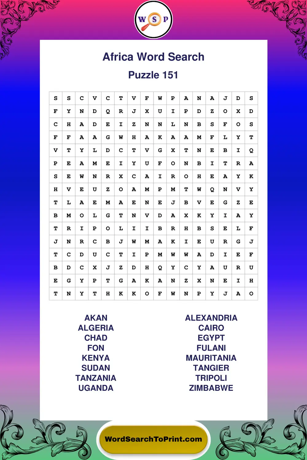 Africa Word Search Puzzle 151
